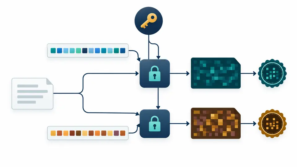 One message and key feed two encryptions with different nonce patterns, ciphertext blocks and authentication seals.