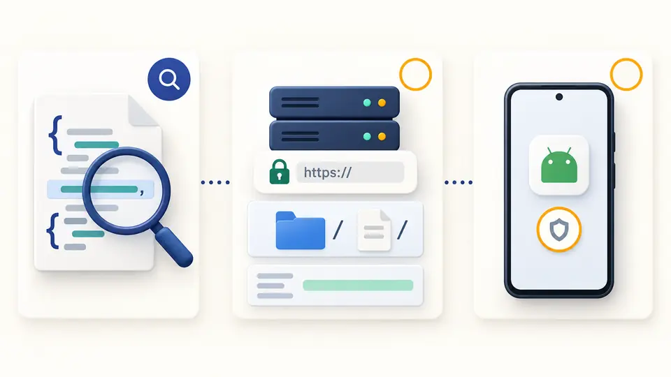 로컬 JSON 검사 결과 옆에 웹 서버와 Android 기기 확인 목록이 놓인 모습.