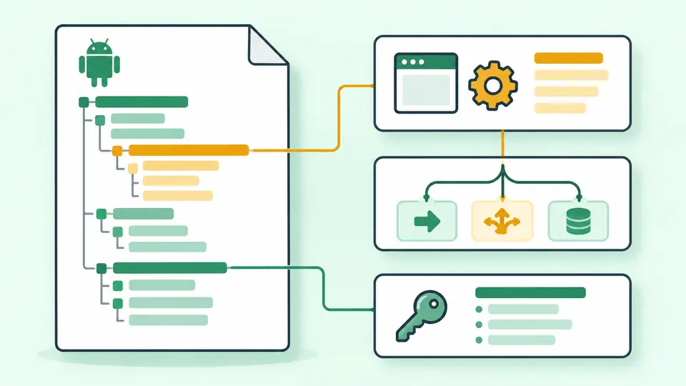 A manifest tree connects to separate permission, component and intent-filter cards.