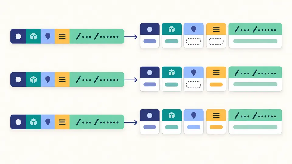 Three resource identifiers split into colored fields while their long resource tails stay intact.