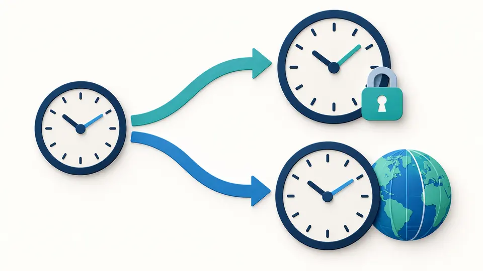 One clock routes to a fixed UTC clock and a globe-linked local clock on separate paths.