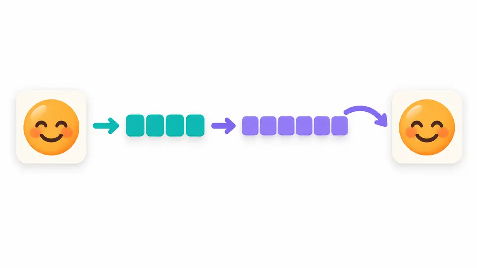 An emoji passes through byte blocks and an encoded sequence, then returns as the same emoji.