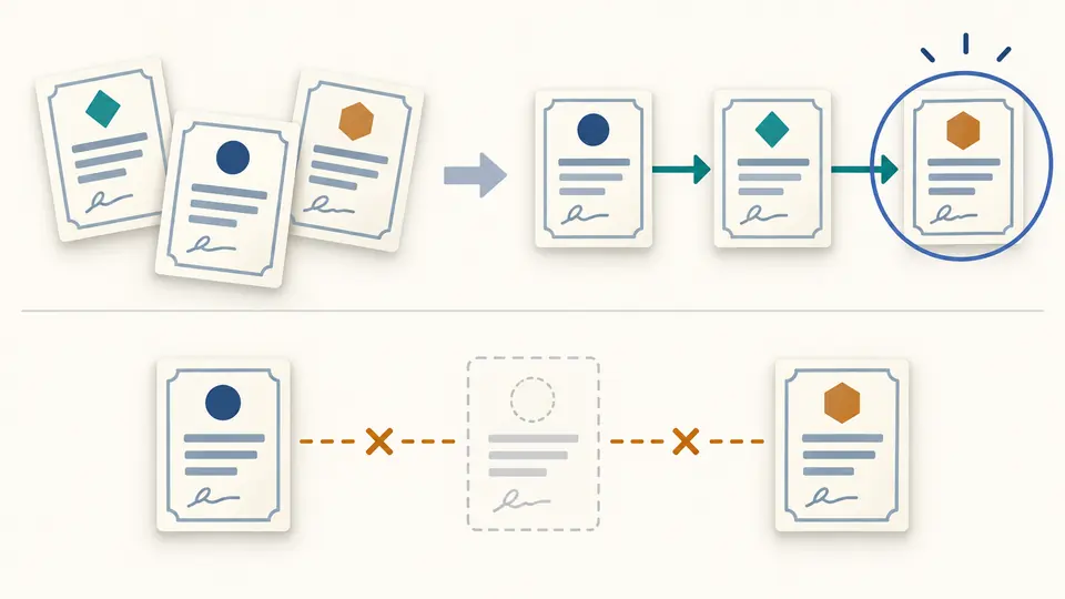 Shuffled certificate cards become a leaf-to-root path, with a gap and a separately highlighted anchor.