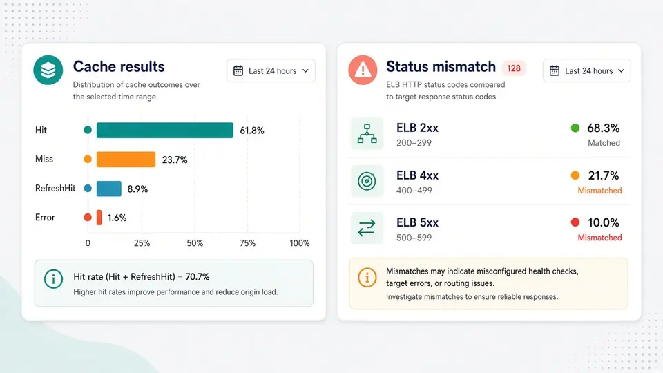 Separate cache-result and ELB/target status-mismatch statistics panels
