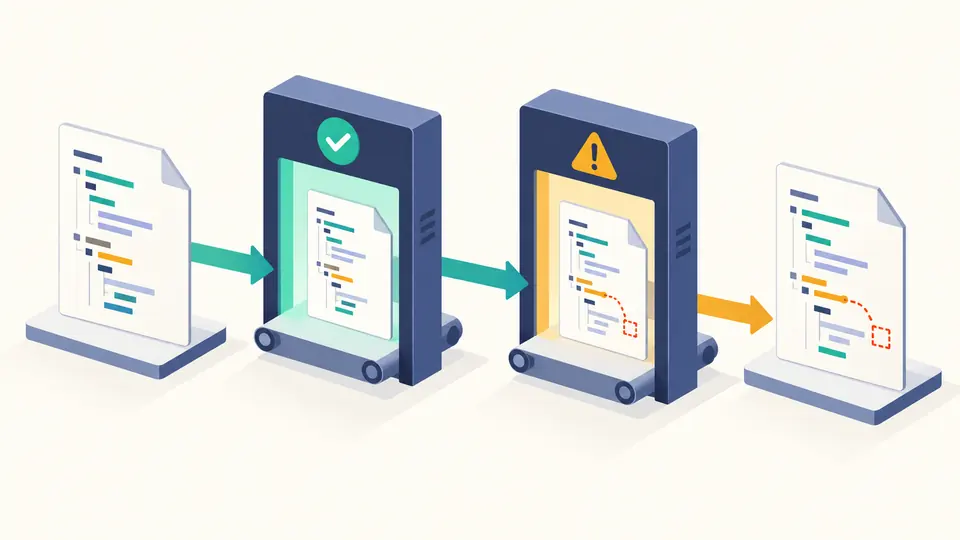 A template passes a syntax gate but an unresolved reference is highlighted at a second gate.