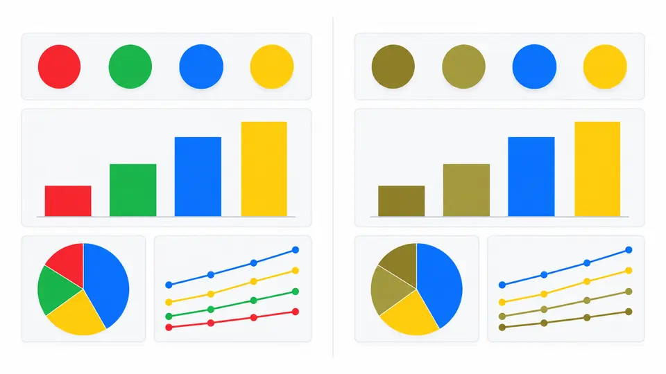 A four-color chart shown beside its deuteranopia simulation, where red and green marks become harder to distinguish.