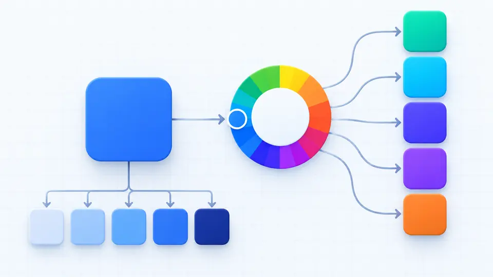 Uma amostra azul no centro da roda cromática conectada a cores vizinhas, opostas e distribuídas em três posições.