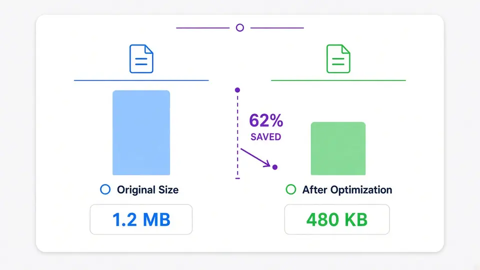 A bar comparing an original file size against a smaller compressed result, with the percentage saved labeled between them.