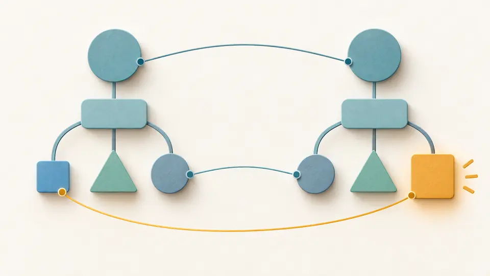 Two differently ordered configuration trees align matching leaves while a single changed leaf is highlighted.