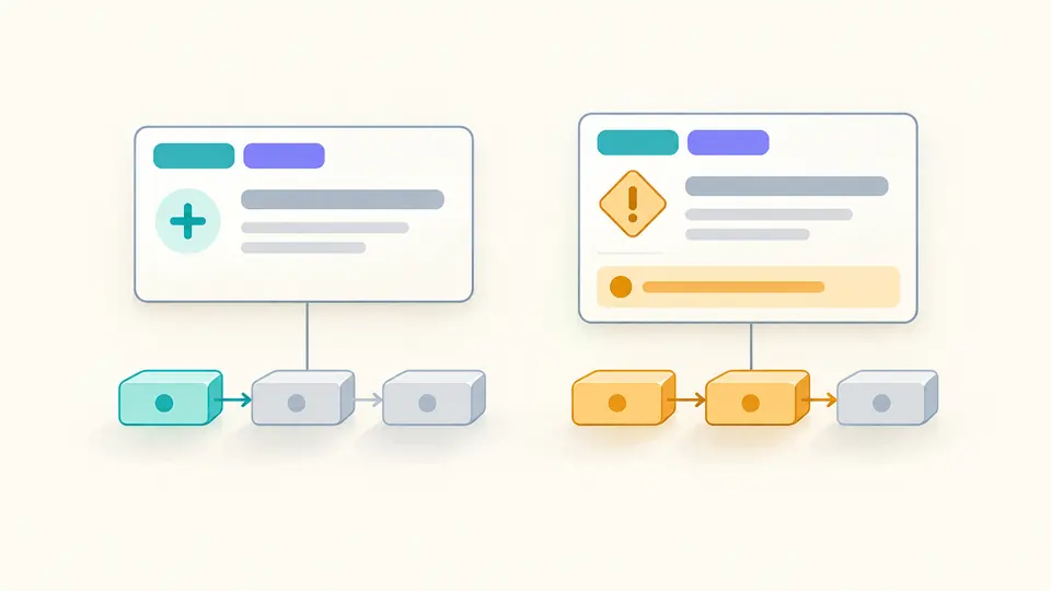 Two commit cards show a small compatible change and an amber breaking marker associated with a larger version step.