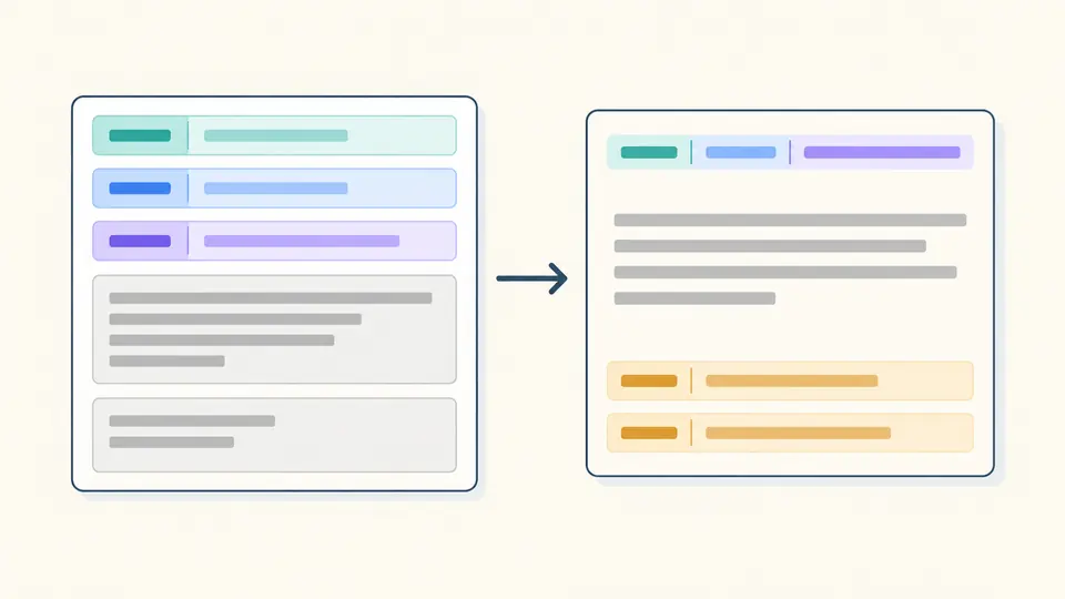 Colored type, scope and description fields assemble into a header, with separate body and footer blocks.