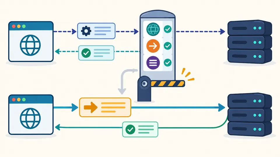 An OPTIONS checkpoint examines Origin, method and requested header names before a separate actual response.