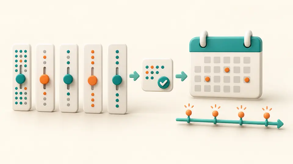 Five schedule fields connect to selected points on a timeline.