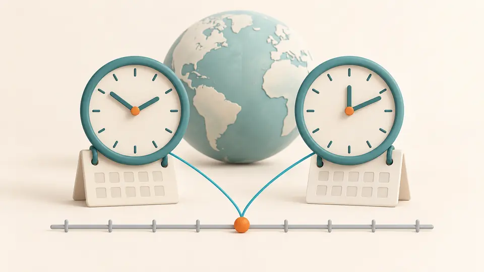 Two timezone clocks show the same instant on a shared timeline.