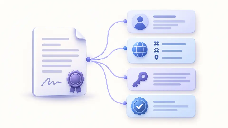 A certificate request document splitting into subject fields, DNS and IP name branches, a public key and a signature check.