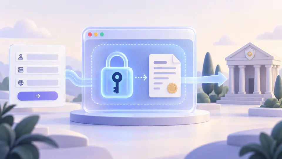 A locked frame containing a private key and a CSR document, with only the CSR document leading outward.