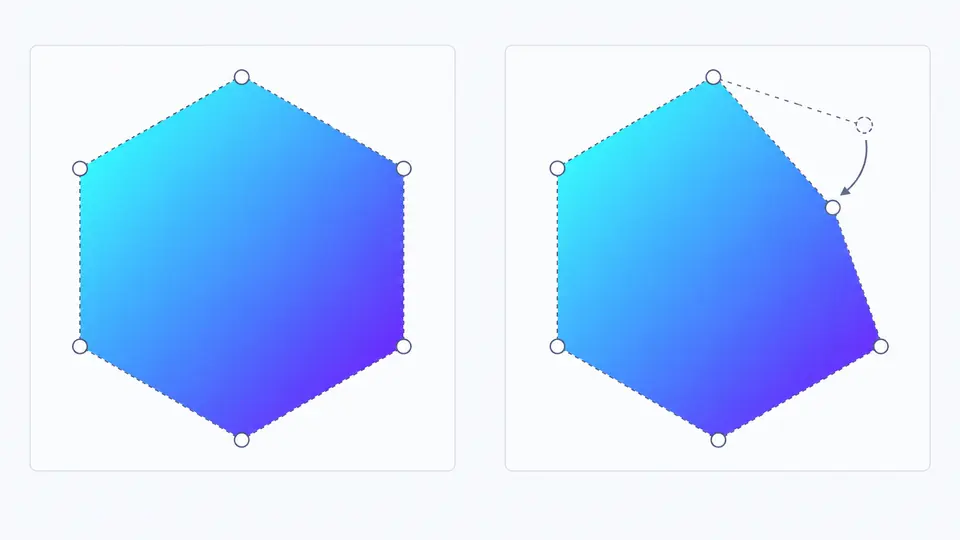 A hexagon with one vertex moved while its visible cut follows the new point.