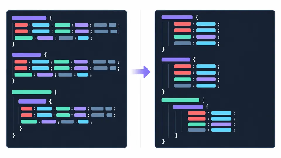 Original CSS with closely packed selectors beside the same rules formatted across indented lines.
