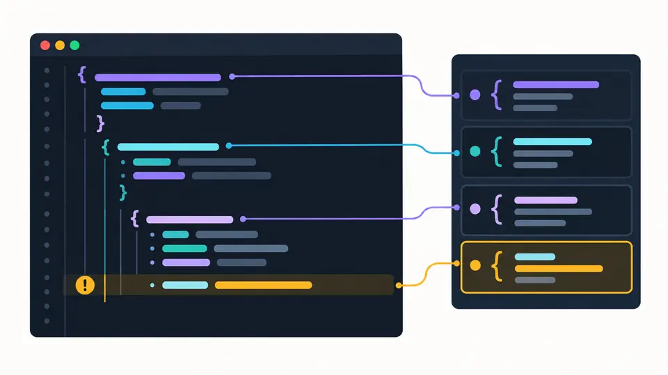 CSS source with a nested media rule highlighted beside a list of rule markers and one error location.