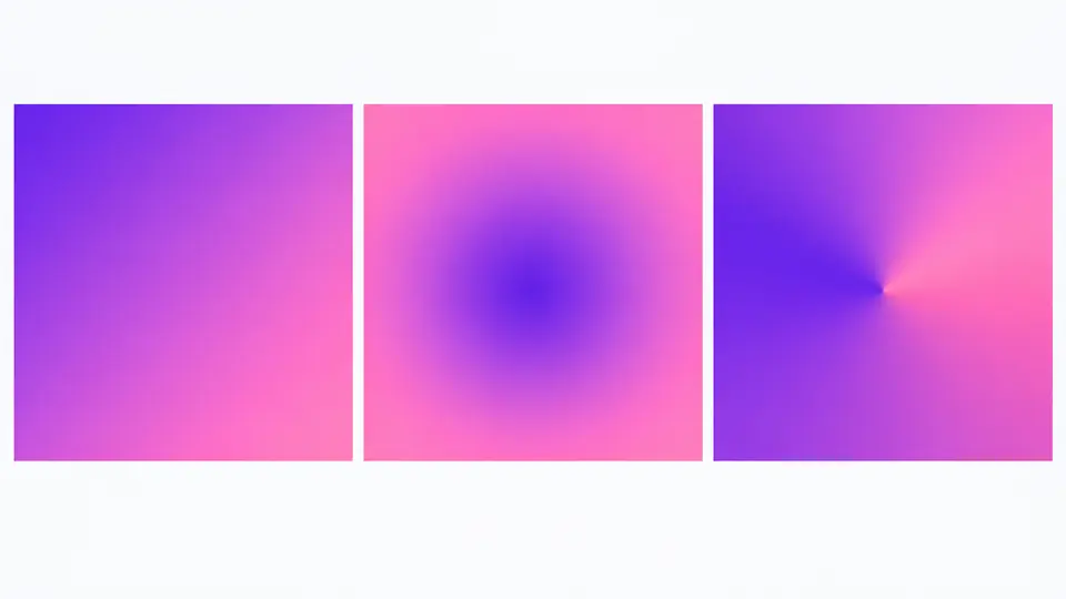 Three previews using the same violet and pink stops: diagonal, centered radial, and rotating conic.