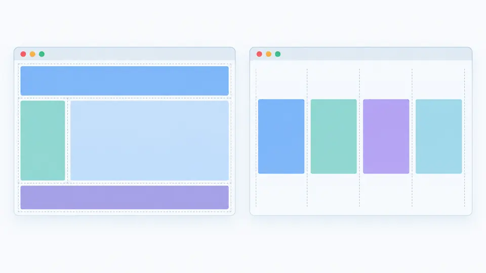 Grid page skeleton with a header, sidebar, main region and footer beside a row of four Flex items.