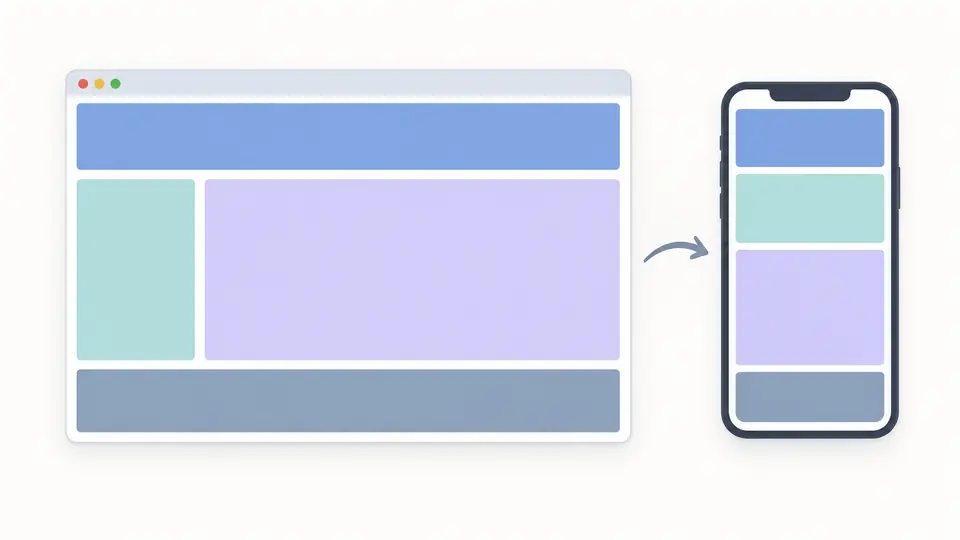 Desktop three-column grid beside a narrow single-column stack of the same named areas.