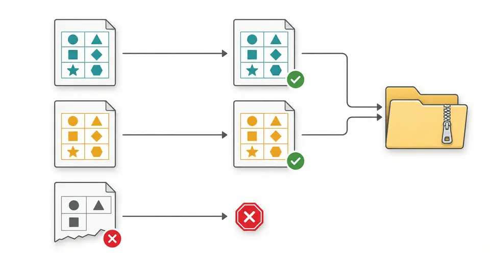 Separate source tables produce independent outputs, with valid files collected into one archive