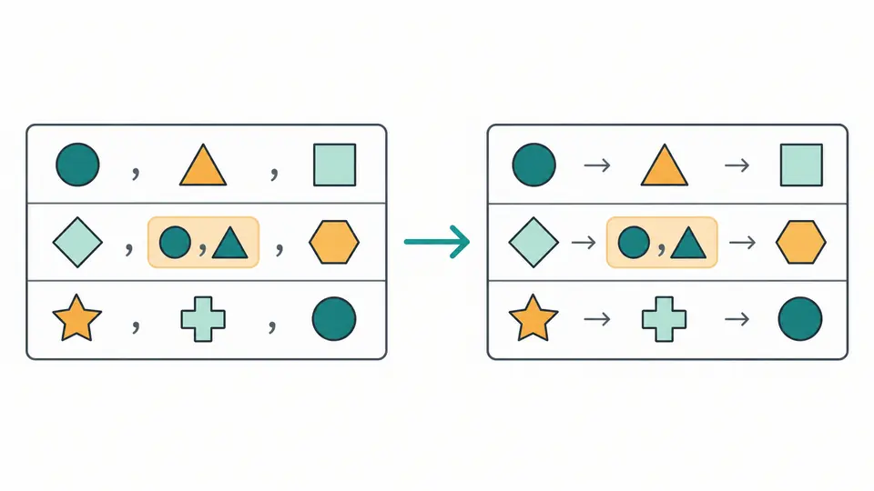A comma inside a quoted value remains in one cell while separators between cells change