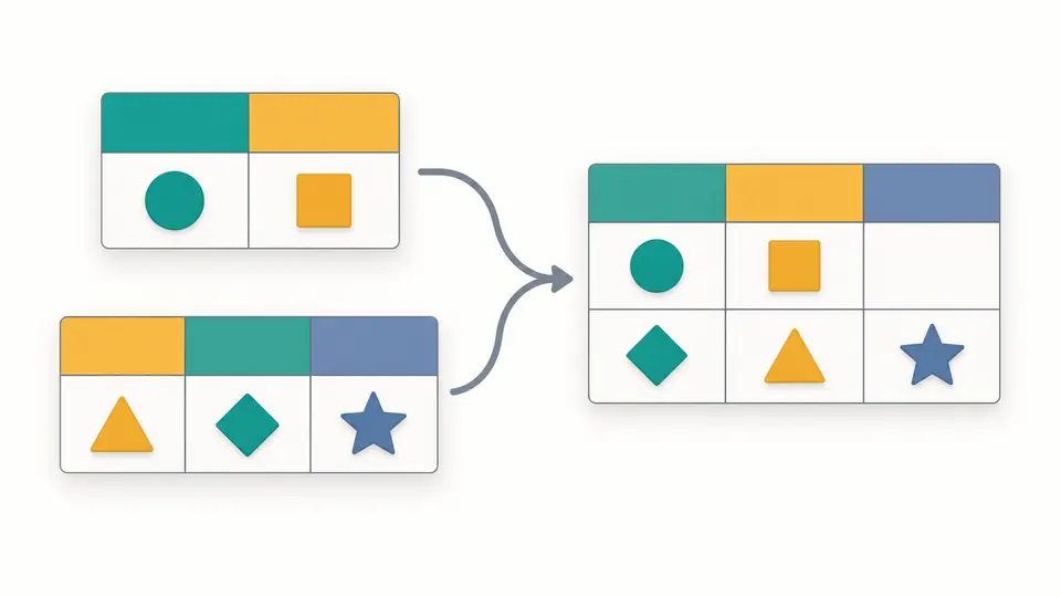 Two tables with different column orders stacked into aligned colored columns with empty cells for missing fields