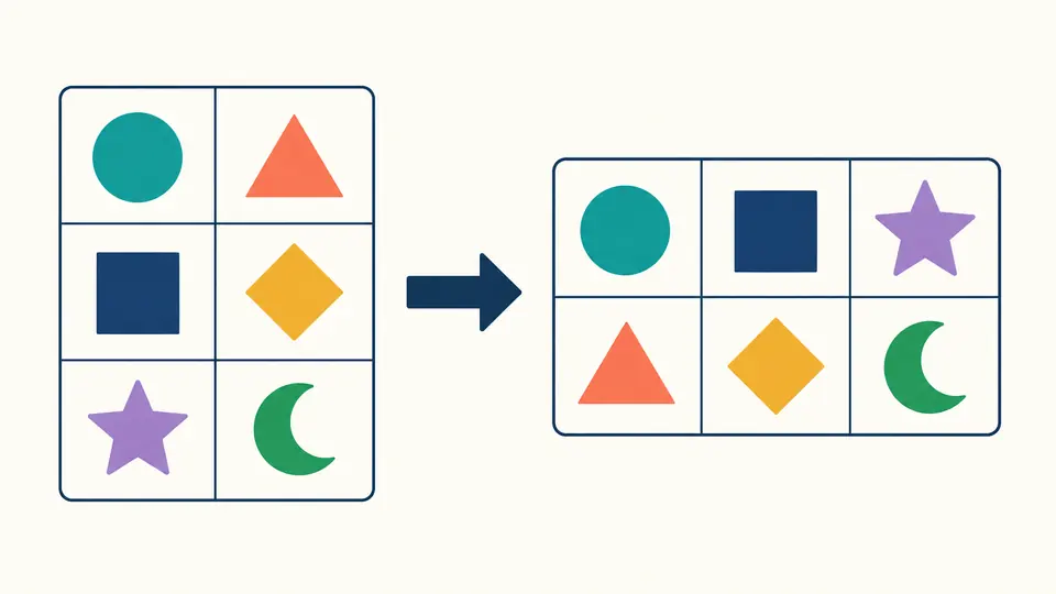 A three-row two-column grid becomes a two-row three-column grid, with matching colored cells preserving their positions across the diagonal