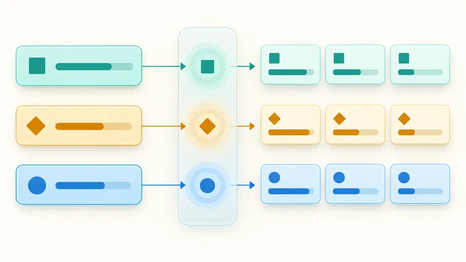 Three independent input rows pass through conversion into three aligned result rows.