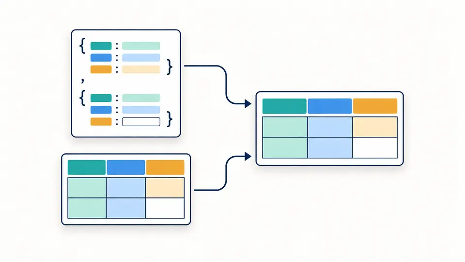 Two input cards converge into aligned target columns with matching colored cells.