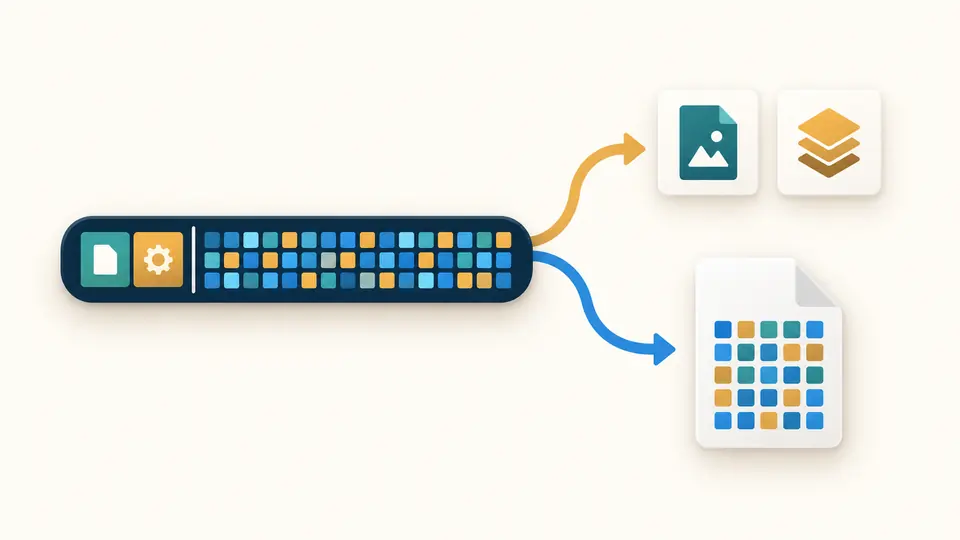 A URI strip separates into metadata tokens and a file containing the original colored byte blocks.