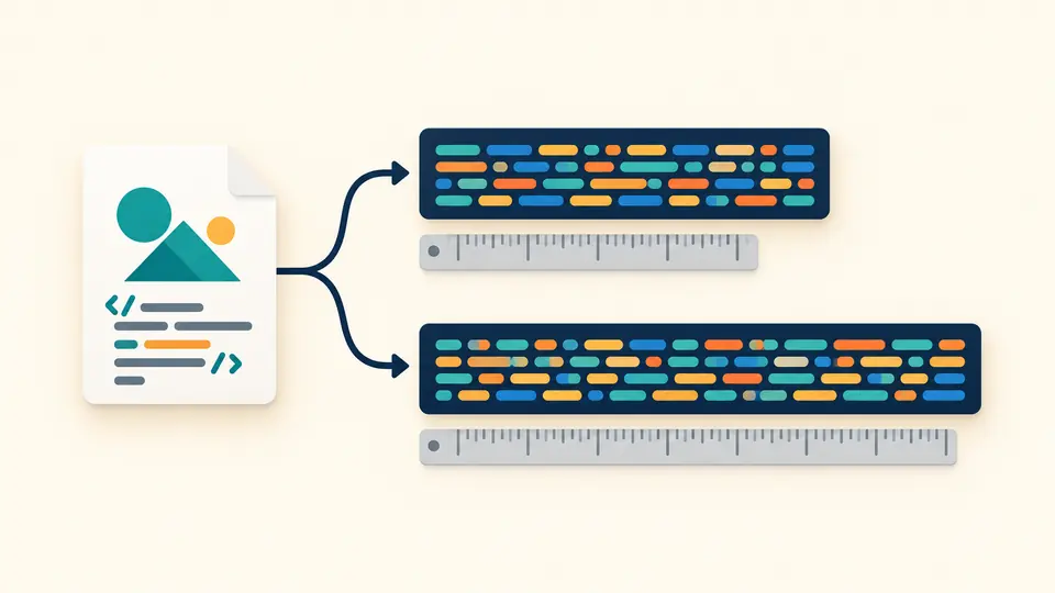 One SVG source branches into two differently encoded URI strips, with a measuring bar under each.