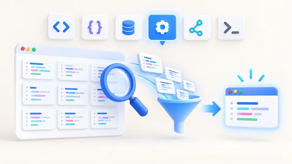 A selected topic and local search narrow many reference cards to one matching syntax example