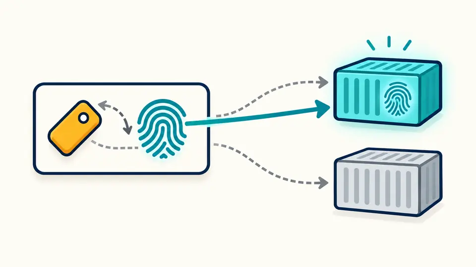 A movable tag and a fixed fingerprint lead to a selected container, with the fingerprint controlling selection