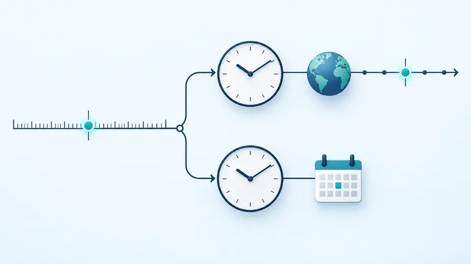 Matching clock faces branch from one count; only one branch is connected to a globe and timeline.