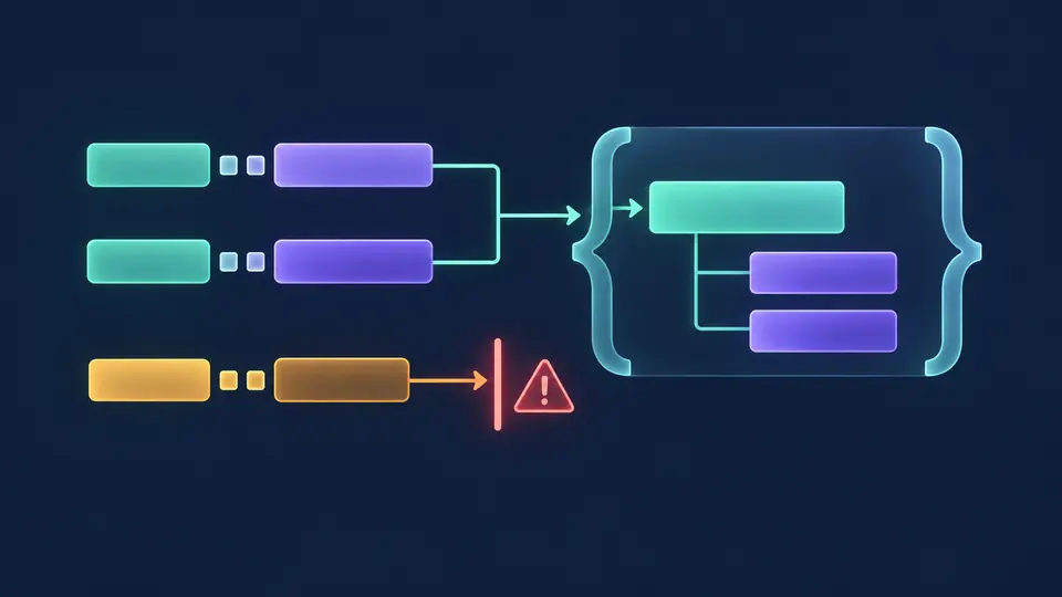 Flat paired key segments branch into a nested object tree while a conflicting path stops at a red barrier.