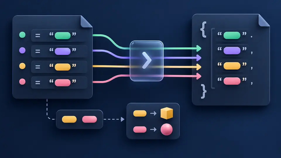 Matching colored value tokens move from flat assignments into quoted JSON fields while an optional branch changes unquoted tokens into distinct typed shapes.