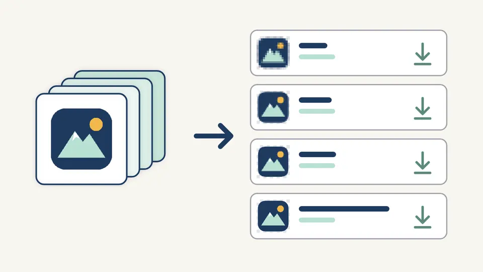A stack of icon layers taken apart into four rows, each row holding one embedded size of the same logo with a download arrow