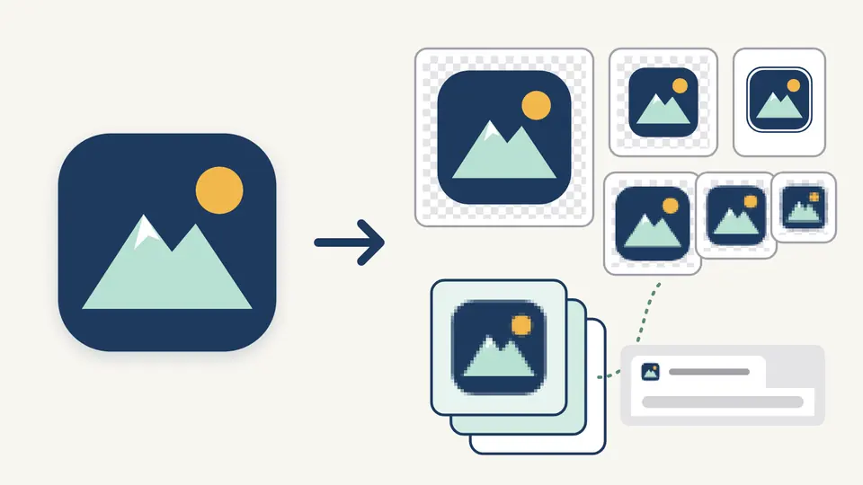 A large app logo on the left with an arrow to the same logo at several sizes, a layered ICO file and a small browser tab showing the 16 pixel icon