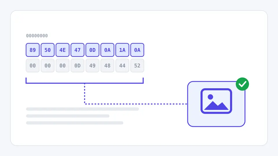 Two rows of header bytes in hex; the first eight bytes are highlighted and bracketed, and a dotted line leads to an image-format badge with a green check.