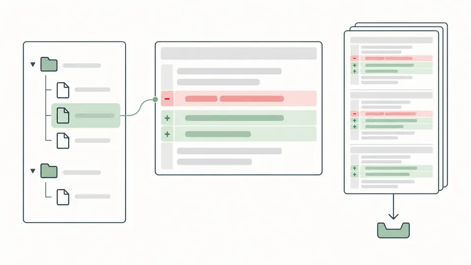 A file tree highlights one document while the full patch remains alongside it.