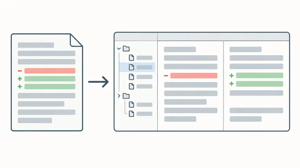 One patch becomes a file tree and two columns of removed and added lines.