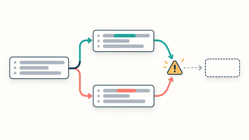 Two branches edit the same single-line file differently, with a warning marker before any new commit is shown.