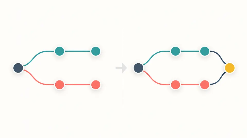 Two branches diverge from one commit, then a merge node joins both parent lines without replacing earlier commits.