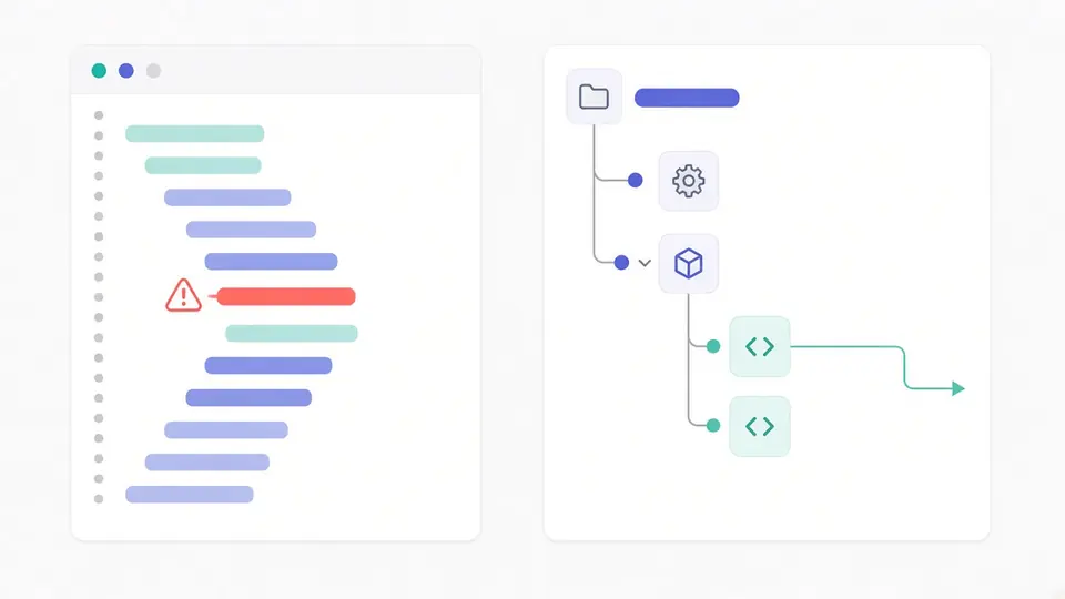 Formatted GitHub Actions workflow YAML next to a clickable job and step navigation tree with a structural validation error highlighted
