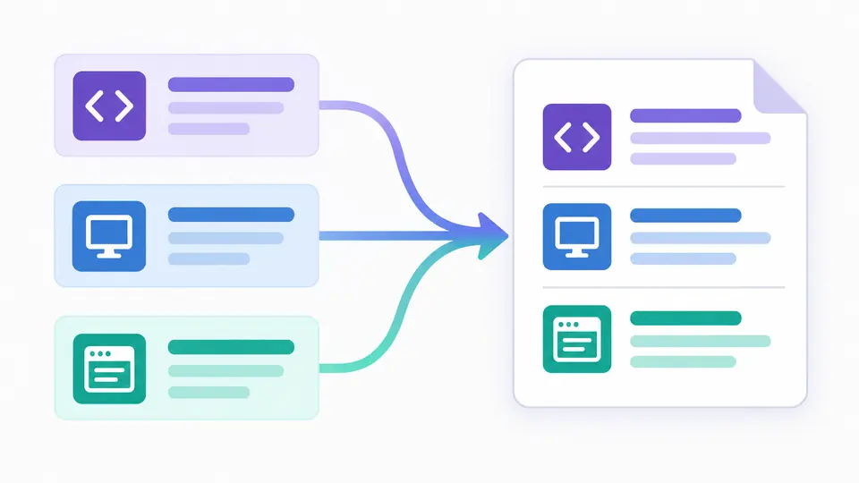 Three template cards for code, operating systems and editors merge into one sectioned ignore file.