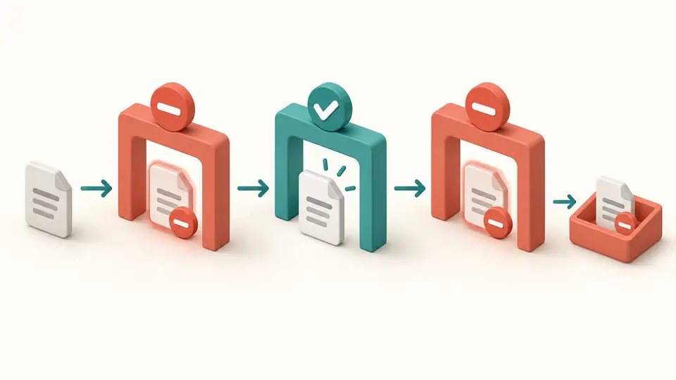 A file moves through three ordered gates, switching from excluded to included and back to excluded.