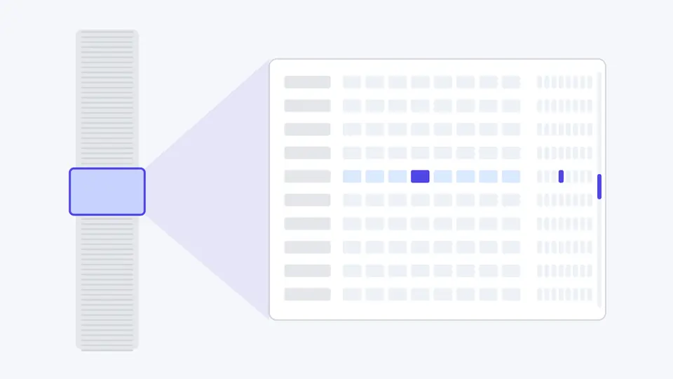Links eine lange Datei mit einem kleinen markierten Fenster, das rechts auf ein Hex-Raster mit sechzehn Zeilen vergrößert wird; das Byte unter dem Cursor ist hervorgehoben.